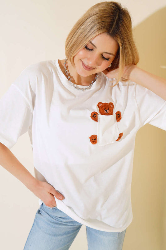 T-shirt Peluche Ours Poche Ecru