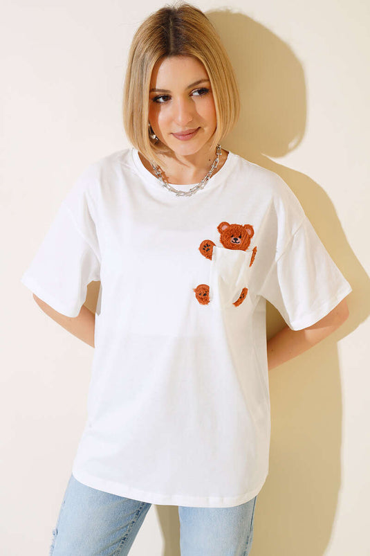 T-shirt Peluche Ours Poche Ecru