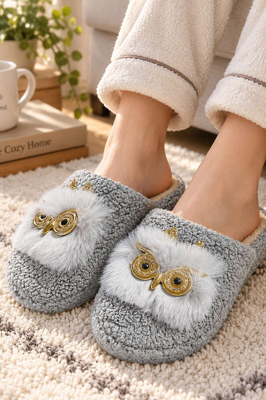 Peluş Baykuş Figürlü Ev Terliği Gri