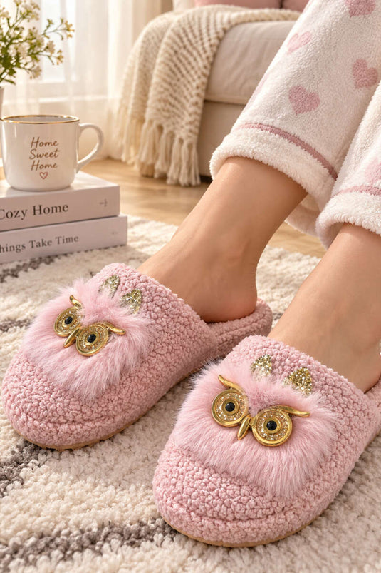 Peluş Baykuş Figürlü Ev Terliği Pudra