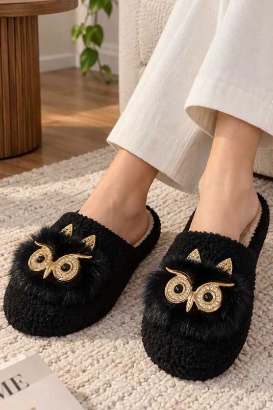 Peluş Baykuş Figürlü Ev Terliği Siyah