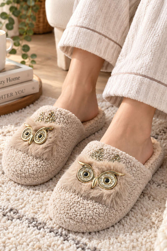 Peluş Baykuş Figürlü Ev Terliği Vizon