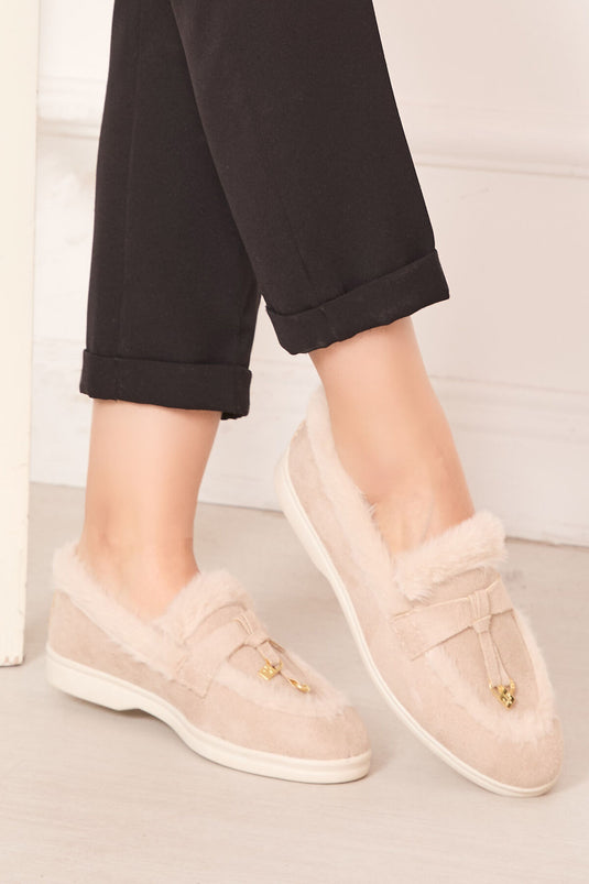 Plush Detailed Suede Shoes Beige