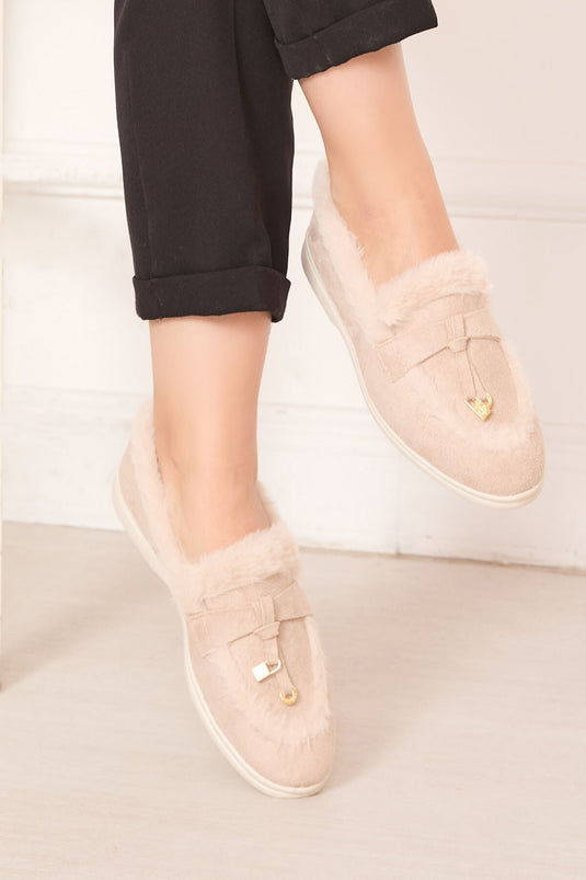 Plush Detailed Suede Shoes Beige