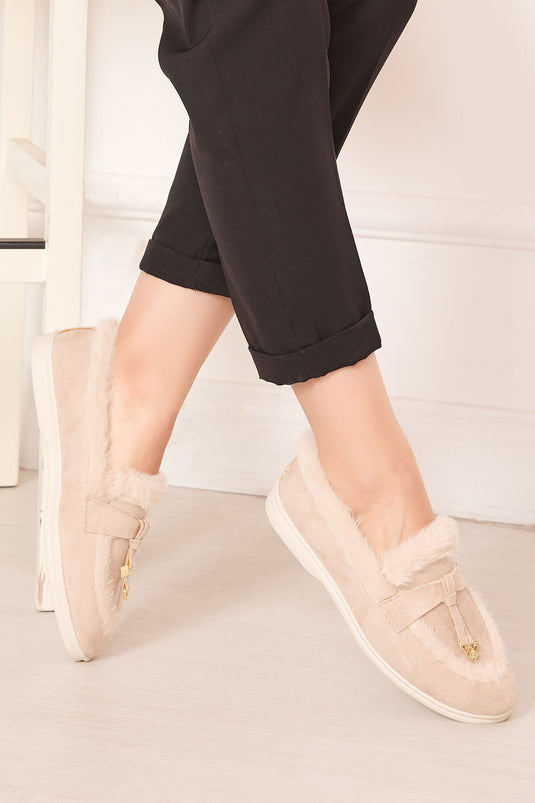 Plush Detailed Suede Shoes Beige