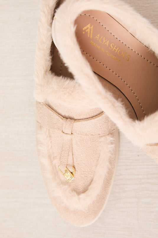 Plush Detailed Suede Shoes Beige