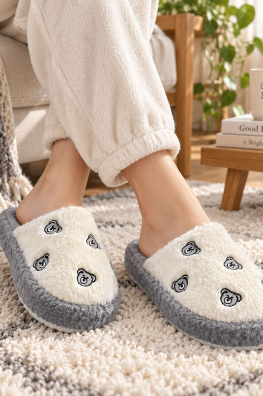 Peluş Figürlü Ev Terliği Gri