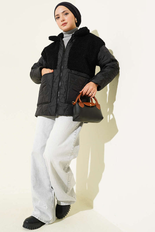 Plush Trimmed Oversize Coat, Black