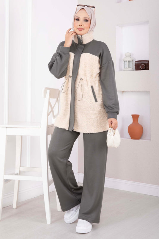 Ensemble Deux Pièces Avec Bordure En Fourrure Synthétique Kaki