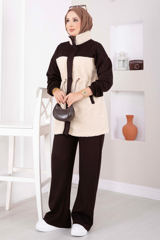 Completo In Due Pezzi In Maglia E Pelliccia Sintetica Marrone