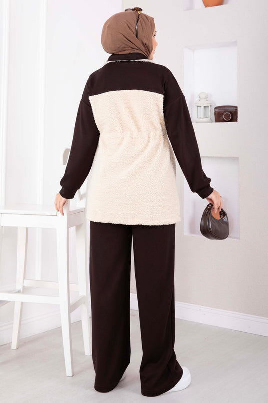 Completo In Due Pezzi In Maglia E Pelliccia Sintetica Marrone