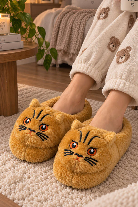 Peluş Kedi Figürlü Panduf Latte