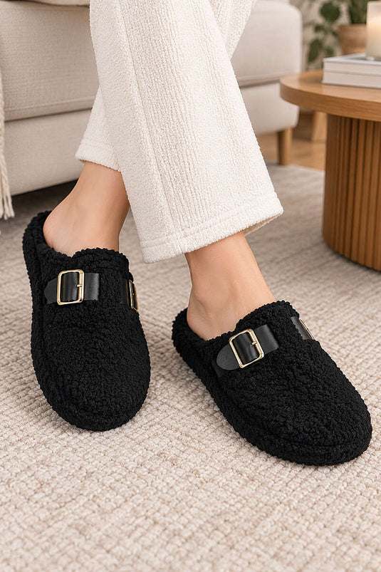 Peluş Kemer Bant Detaylı Ev Terliği Siyah