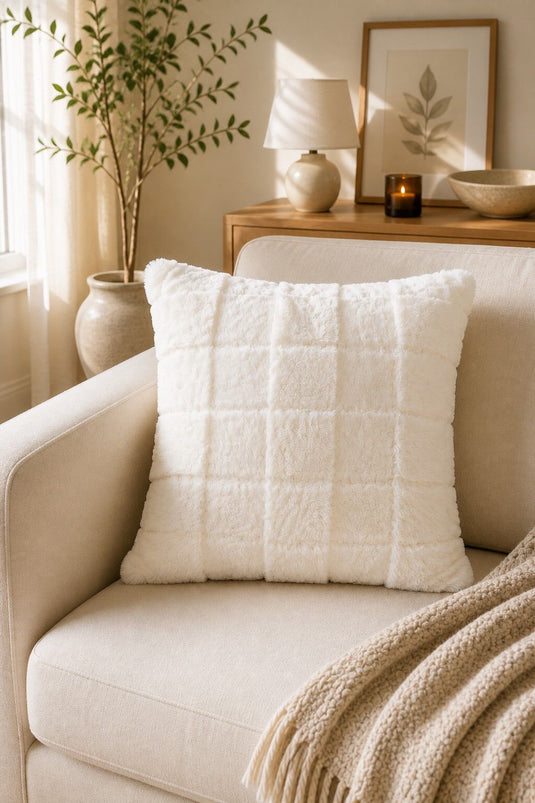 Housse de coussin en peluche pour canapé - Coussin écru