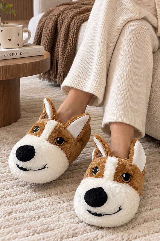 Peluş Köpek Figürlü Panduf Kahve