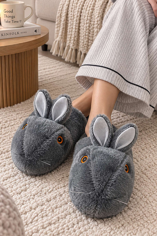 Peluş Tavşan Figürlü Panduf Gri