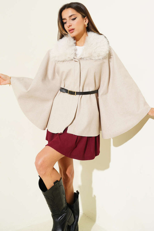 بونشو من الكشمير بياقة مخملية وحزام، بيج