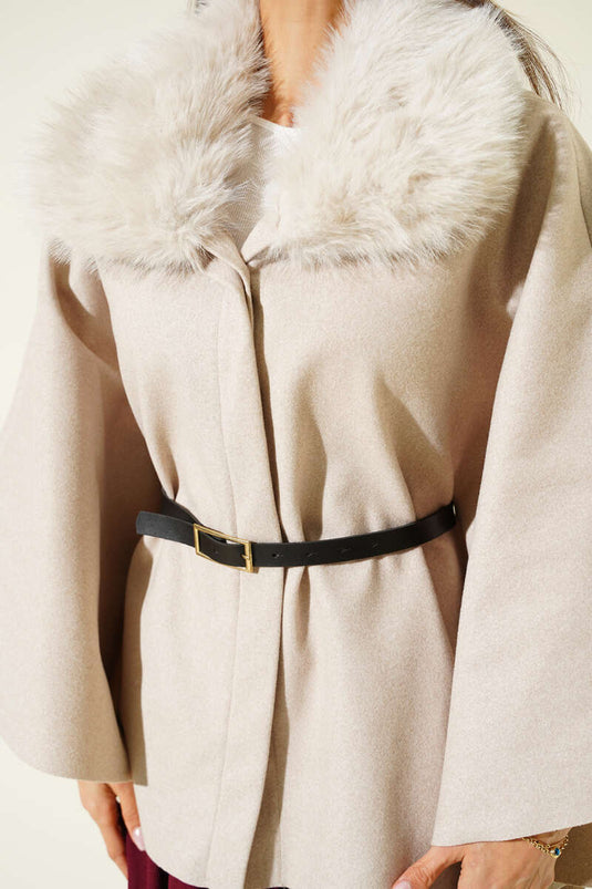 Poncho en cachemire beige à col peluche et ceinture