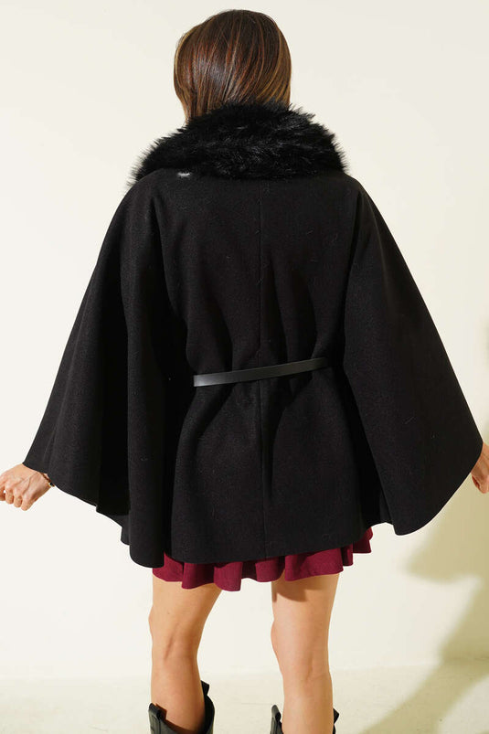 بونشو أسود من الكشمير بياقة مخملية وحزام