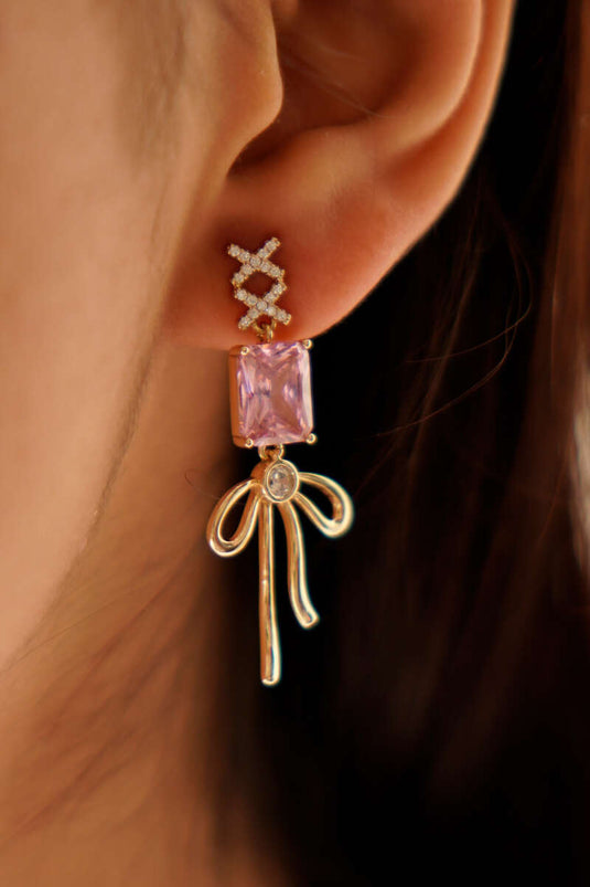 Pink Stone Bow Earrings Gold