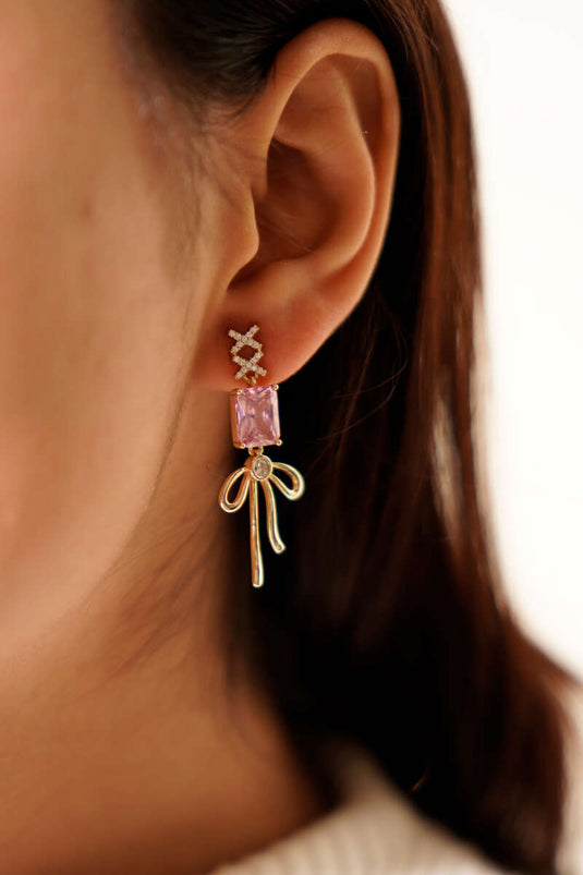 Pink Stone Bow Earrings Gold