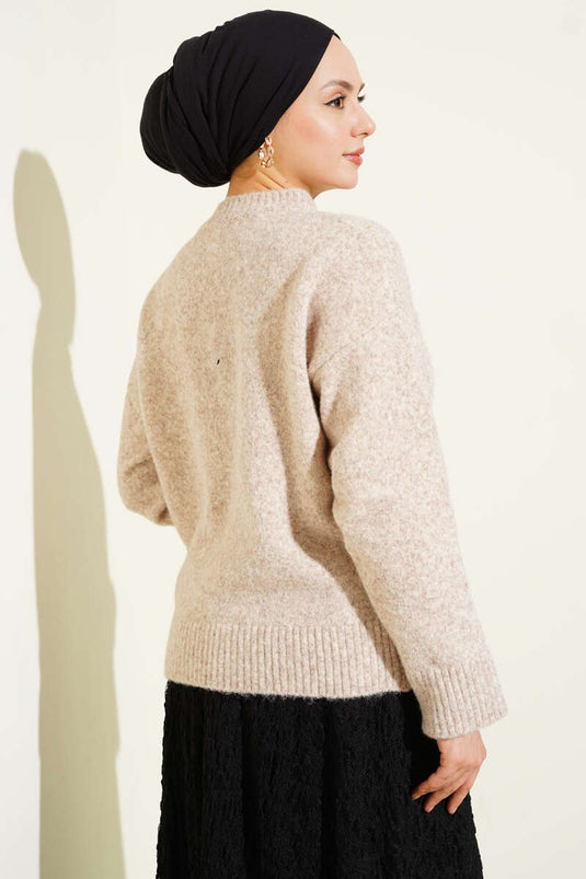 Penguen Baskılı Yumoş Triko Kazak Bej