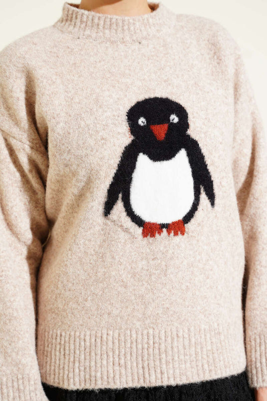 Penguen Baskılı Yumoş Triko Kazak Bej