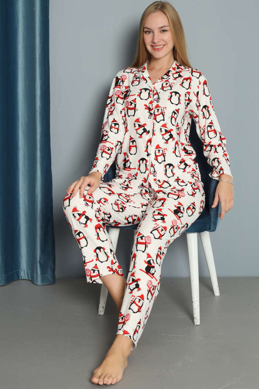 Pigiama in pelle scamosciata con motivo pinguino bianco