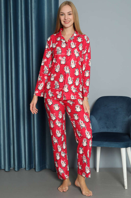 Pigiama in pelle scamosciata con motivo pinguino fucsia