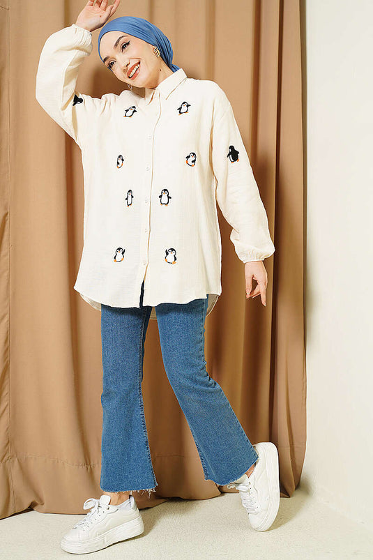 Chemise en mousseline brodée Pingouin beige