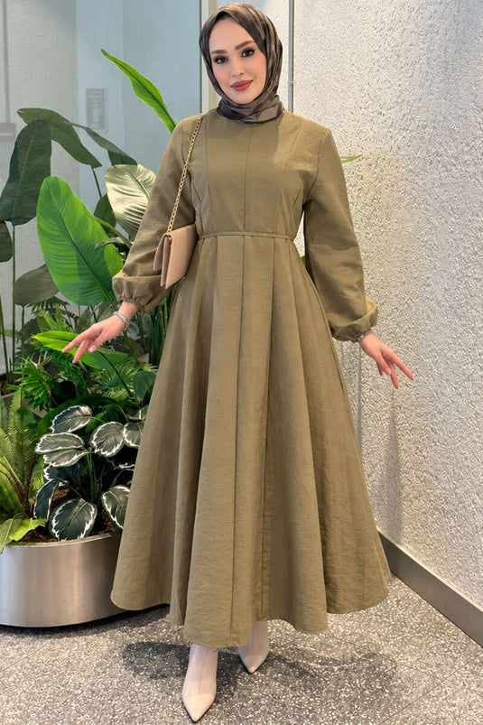Pens Detaylı Balon Kol Elbise Yağ Yeşili