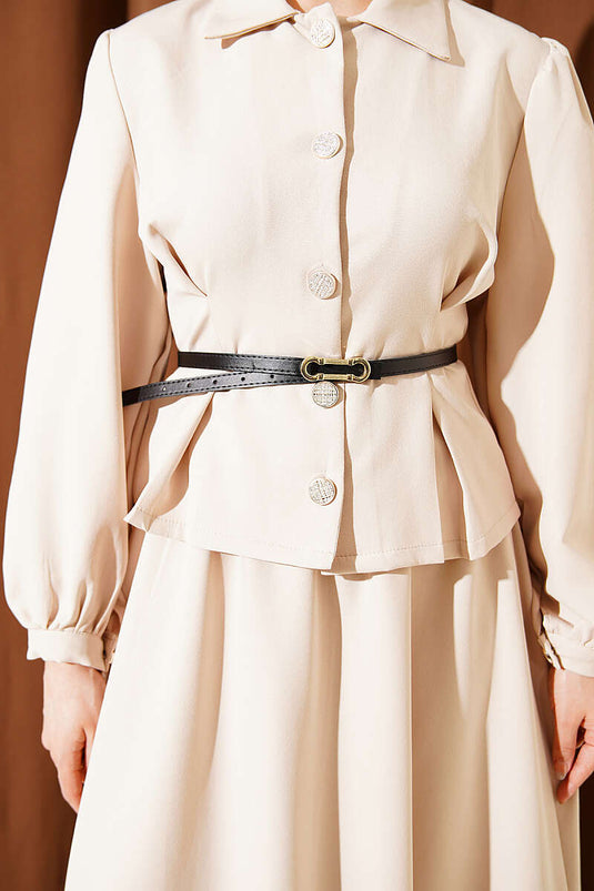 Ensemble double jupe avec ceinture et détails de plumes beige