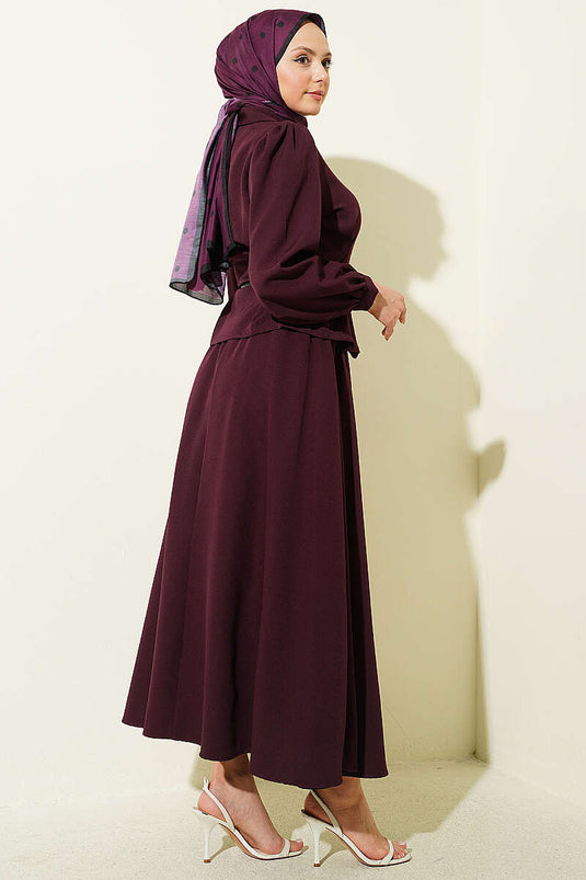 Double Skirted Set with Belt and Pen Detail in Burgundy