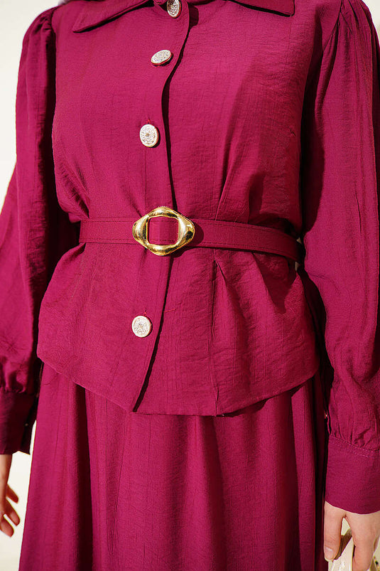 Ensemble jupe ceinturée avec détails de perles bordeaux