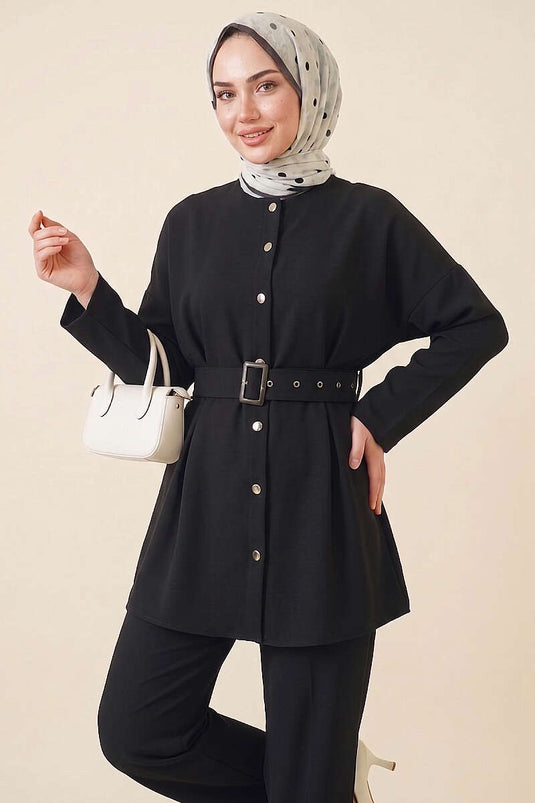 Ensemble Deux Pièces Ceinturé avec Détail de Plume Noir
