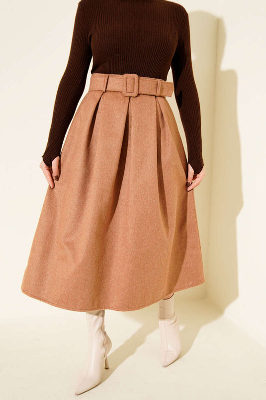 Pens Detaylı Kloş Kaşe Etek Latte