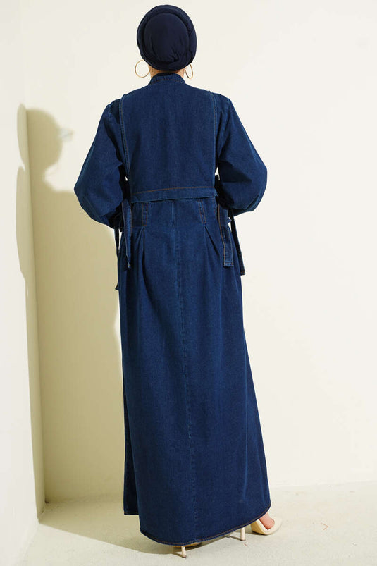 Pens Detaylı Yelekli Kot Elbise Lacivert