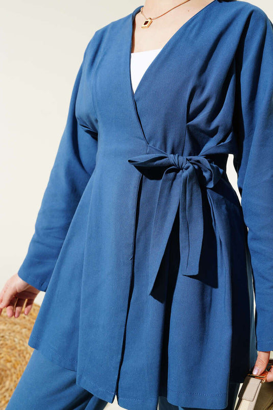 Costume deux pièces en lin à pinces et noué Indigo