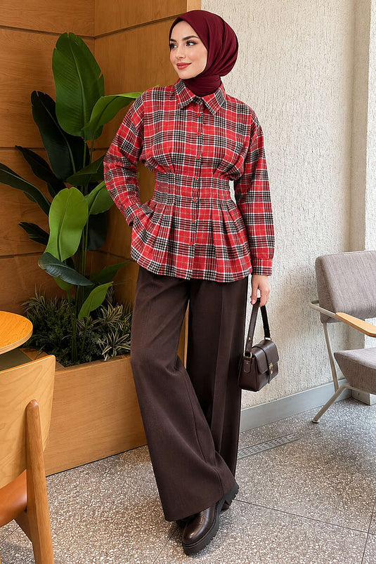 Camicia A Quadri Rossa Con Frange