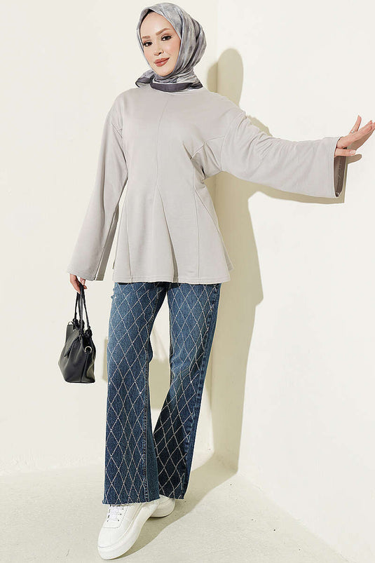 Grey Fringed Tie-Detail Tunic