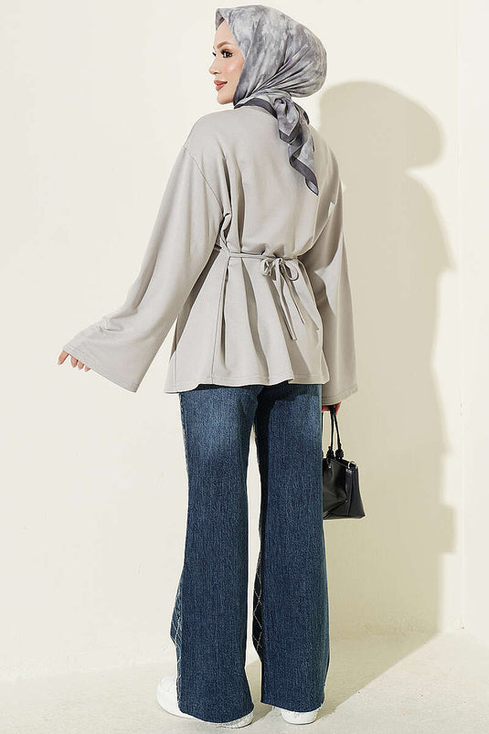 Grey Fringed Tie-Detail Tunic