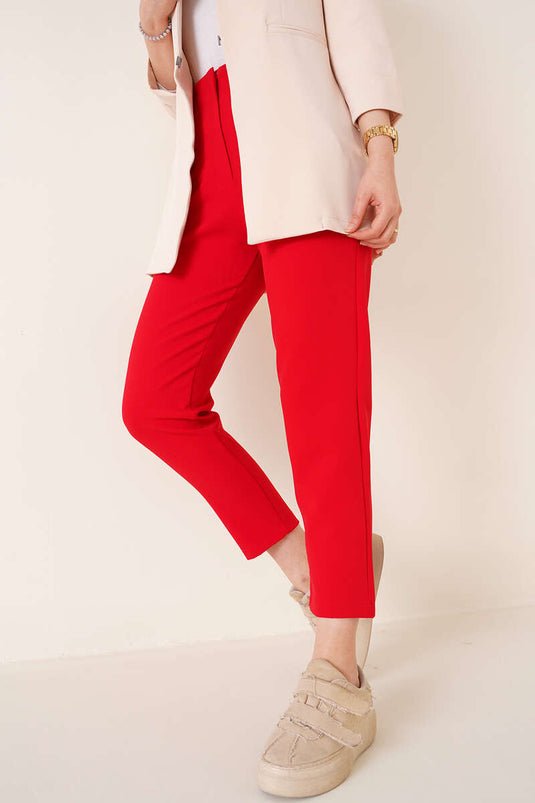 Pantalon Taille Haute Pincené Rouge