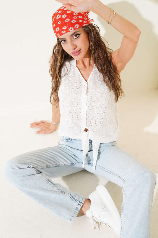 Chemise blanche sans manches à motif nid d'abeille