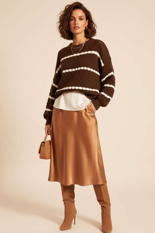 Pull rayé à détail en maille nid d'abeille, marron