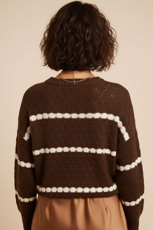 Pull rayé à détail en maille nid d'abeille, marron