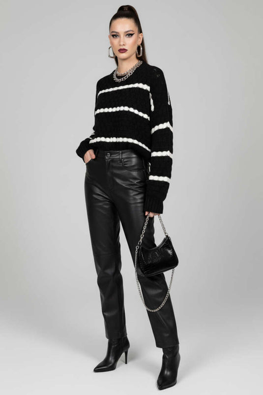 Pull rayé noir à détail en maille nid d'abeille