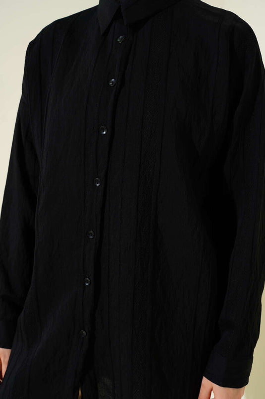 Petek Şeritli Oversize Gömlek Siyah