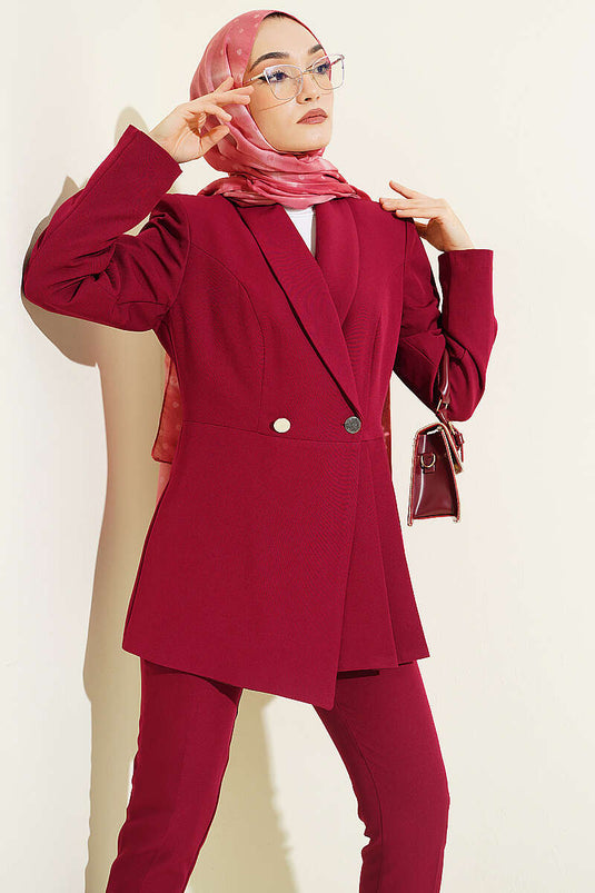 Two-Piece Set with Pile Detail Blazer Jacket, Burgundy