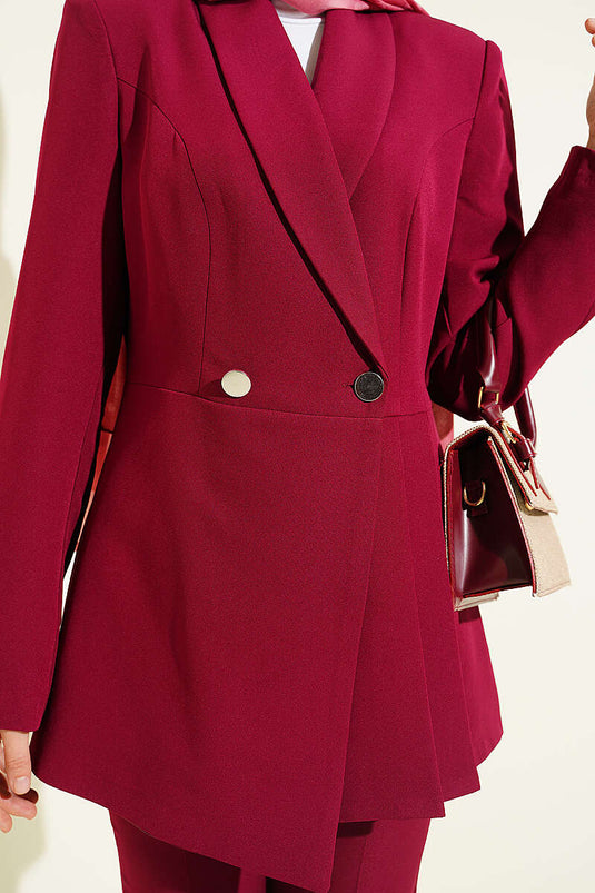 Two-Piece Set with Pile Detail Blazer Jacket, Burgundy