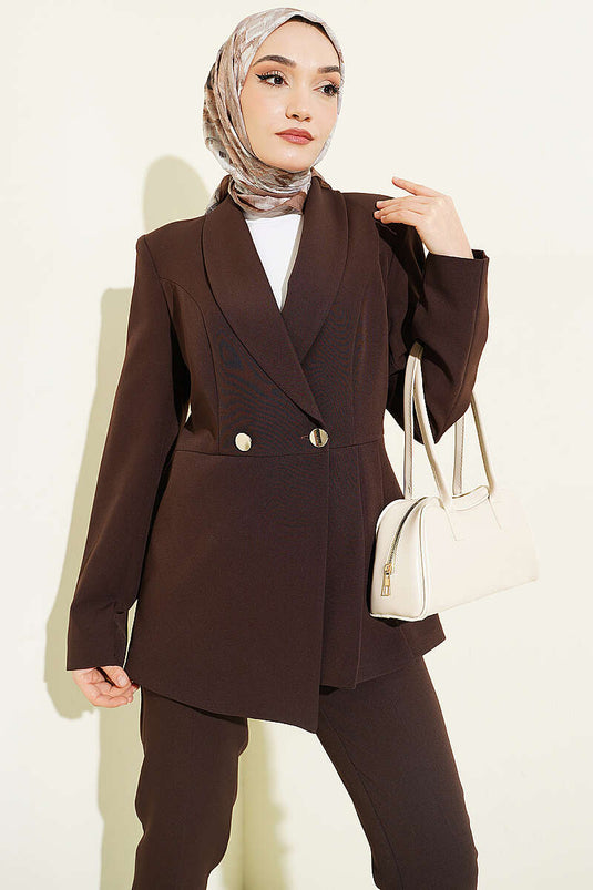 Two-Piece Set with Pile Detail Blazer Jacket, Brown